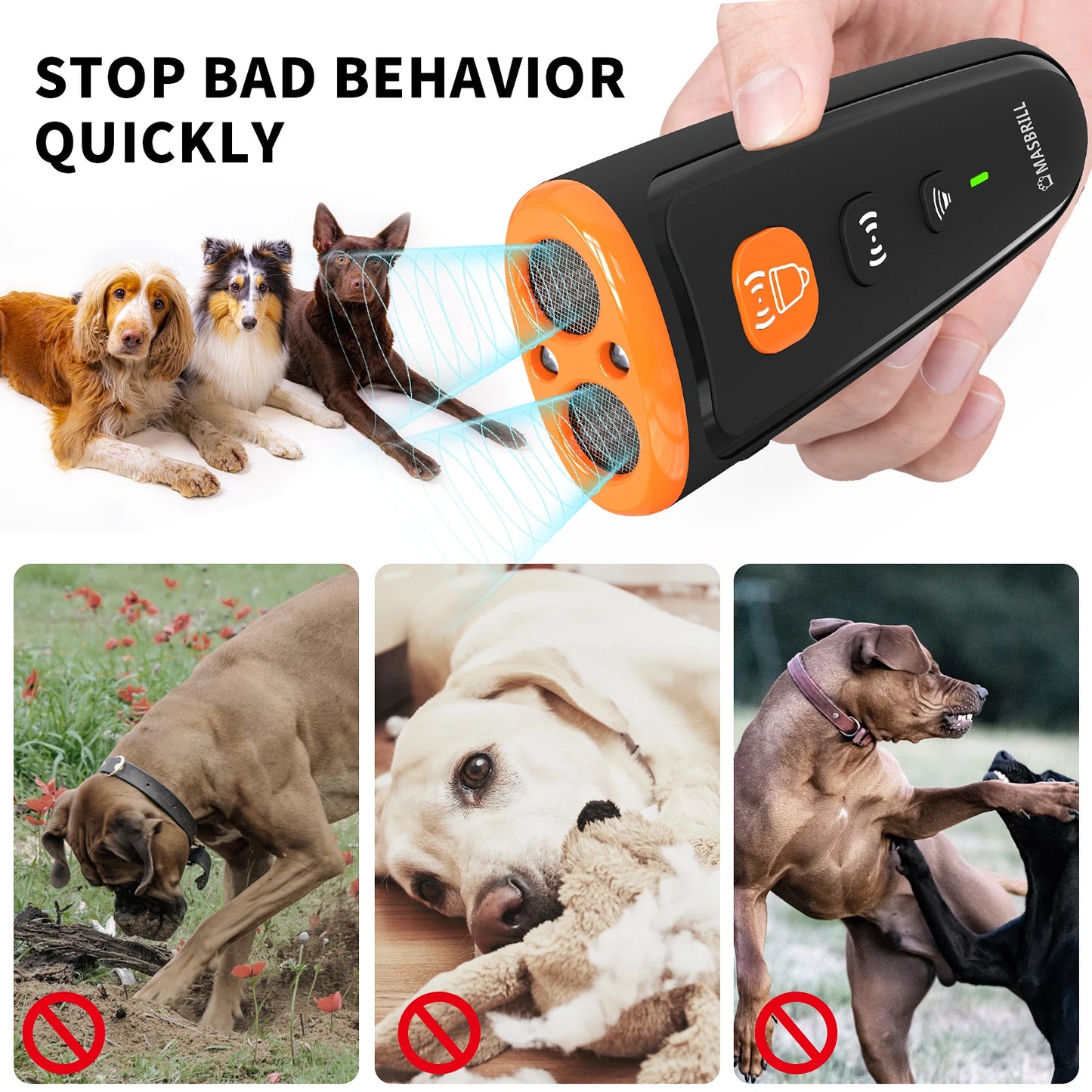 Dog Repeller Anti Barking Deterrent Device, Training 3 Modes USB Rechargeable