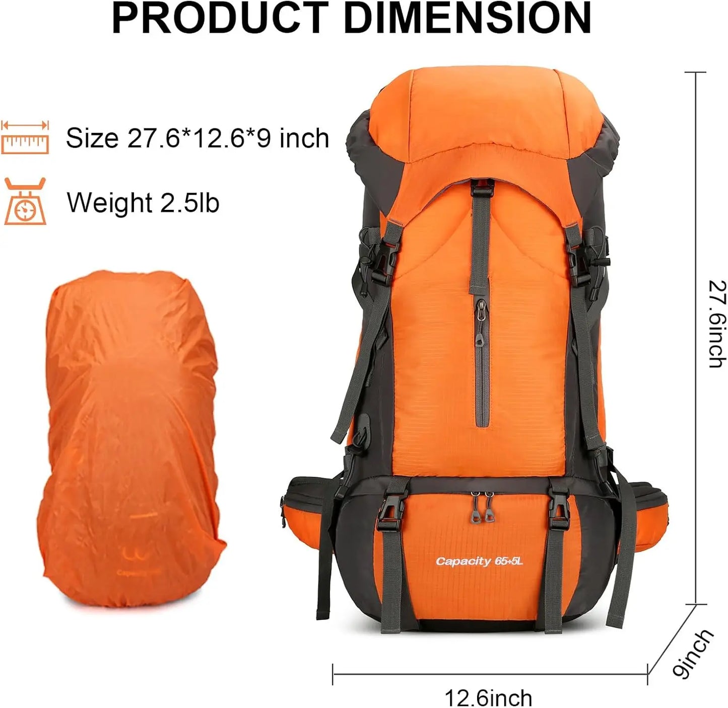 70L Waterproof Hiking Backpack with Rain Cover