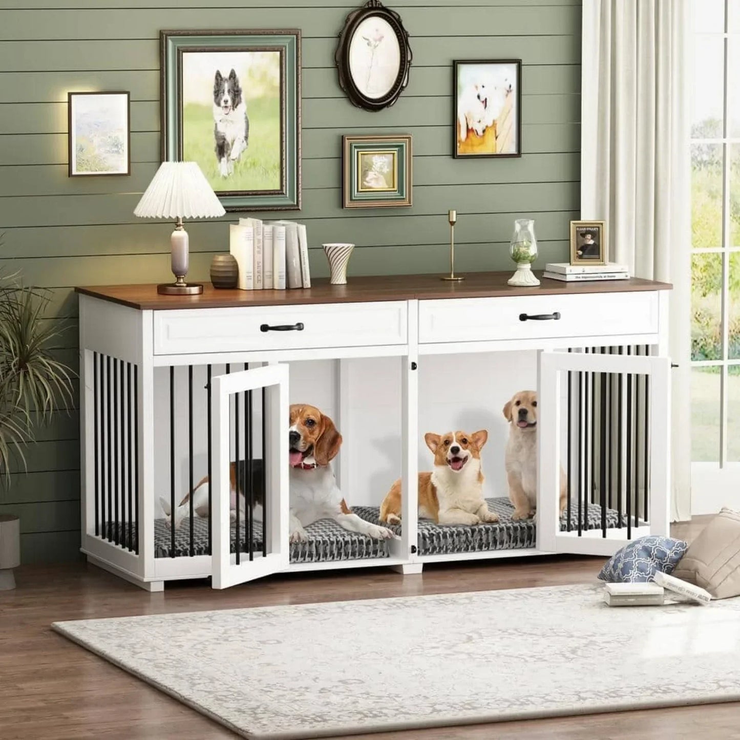 Indoor Wooden Dog Crate Kennel with 2-Drawers and Divider for Medium or 2 Small Dogs, 64.6 in, White