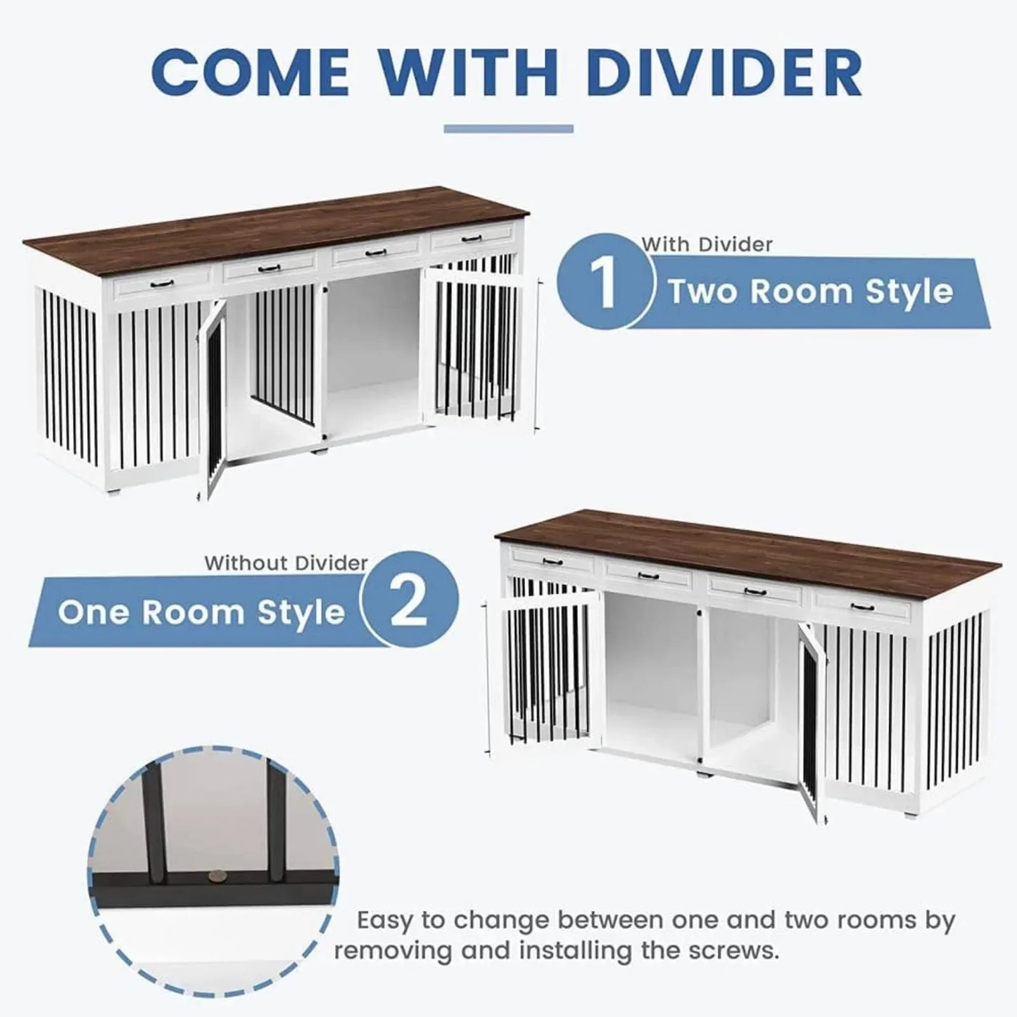 Indoor Wooden Dog Crate Kennel with 2-Drawers and Divider for Medium or 2 Small Dogs, 64.6 in, White