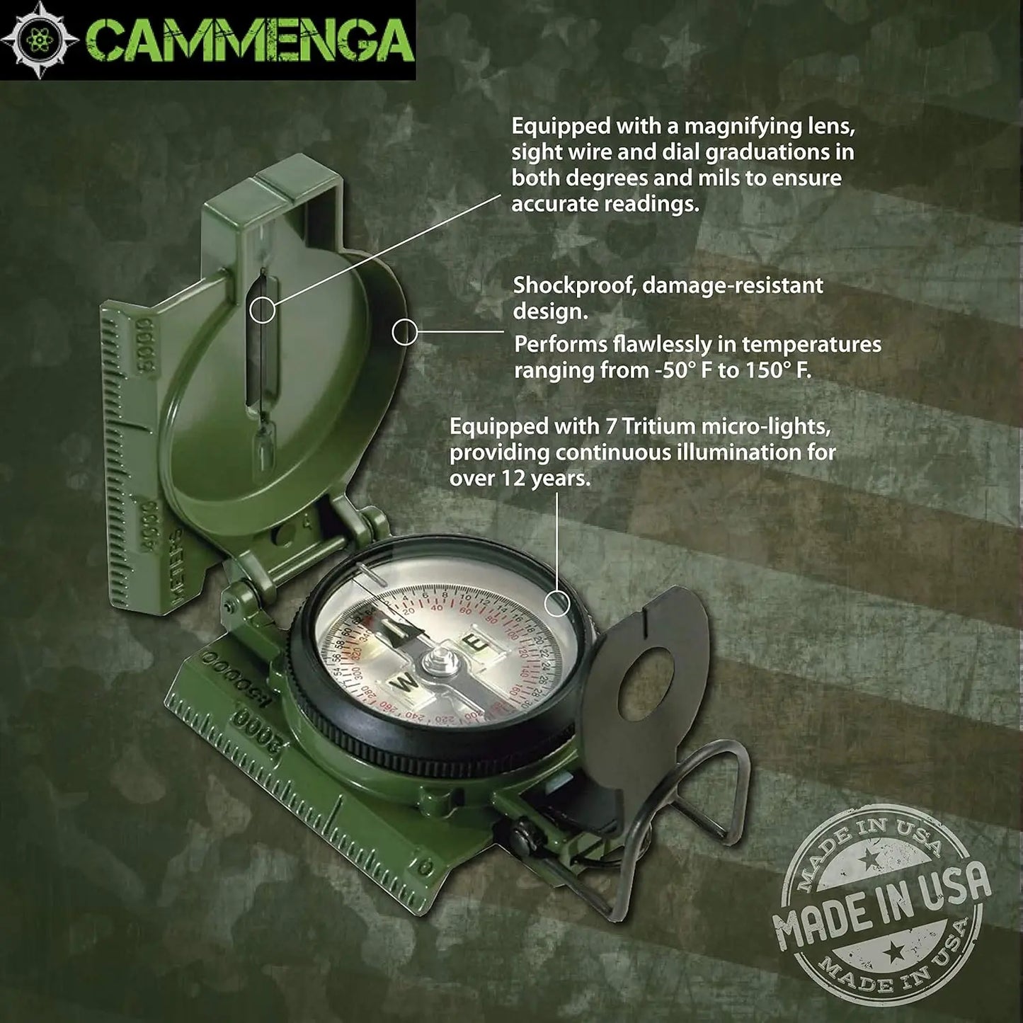 Official US Military Tritium Compass, Accurate and Waterproof with Pouch for Hiking, Camping, Navigation and Survival