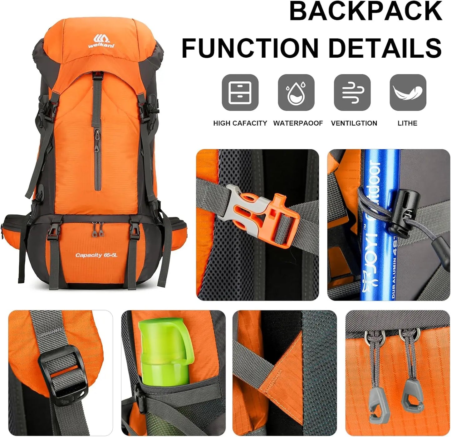 70L Waterproof Hiking Backpack with Rain Cover