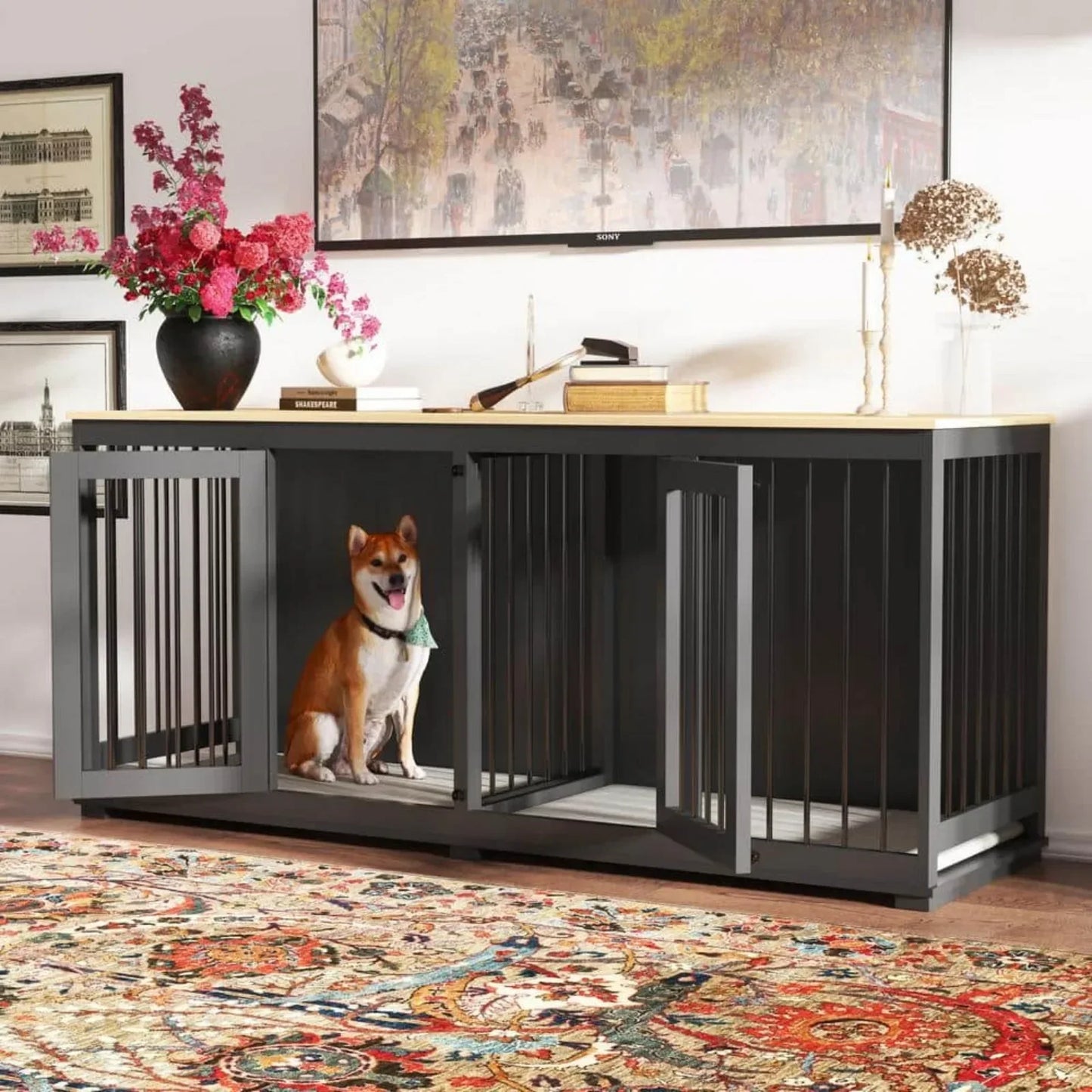 Indoor Wooden Dog Crate Kennel with 2-Drawers and Divider for Medium or 2 Small Dogs, 64.6 in, White