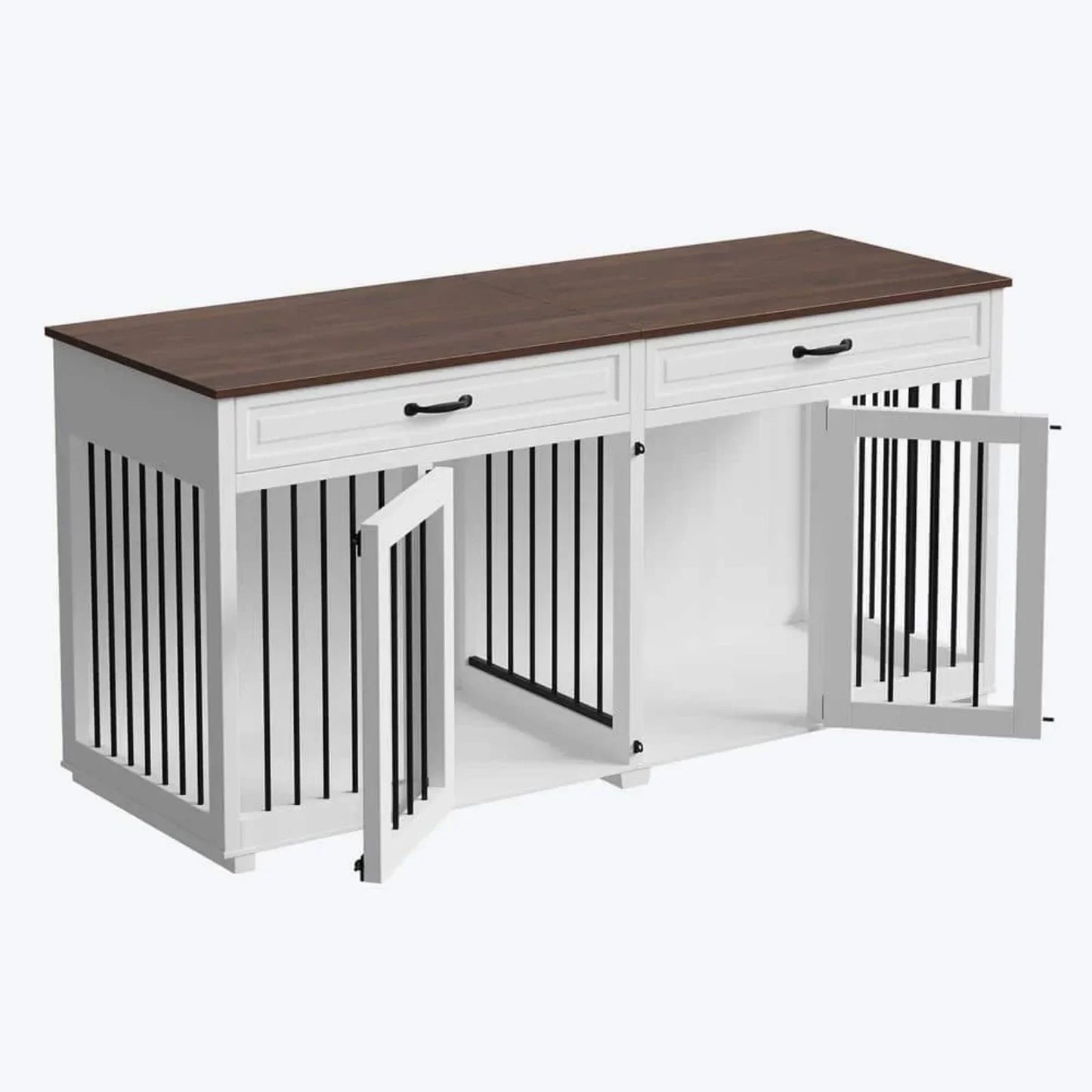 Indoor Wooden Dog Crate Kennel with 2-Drawers and Divider for Medium or 2 Small Dogs, 64.6 in,  White