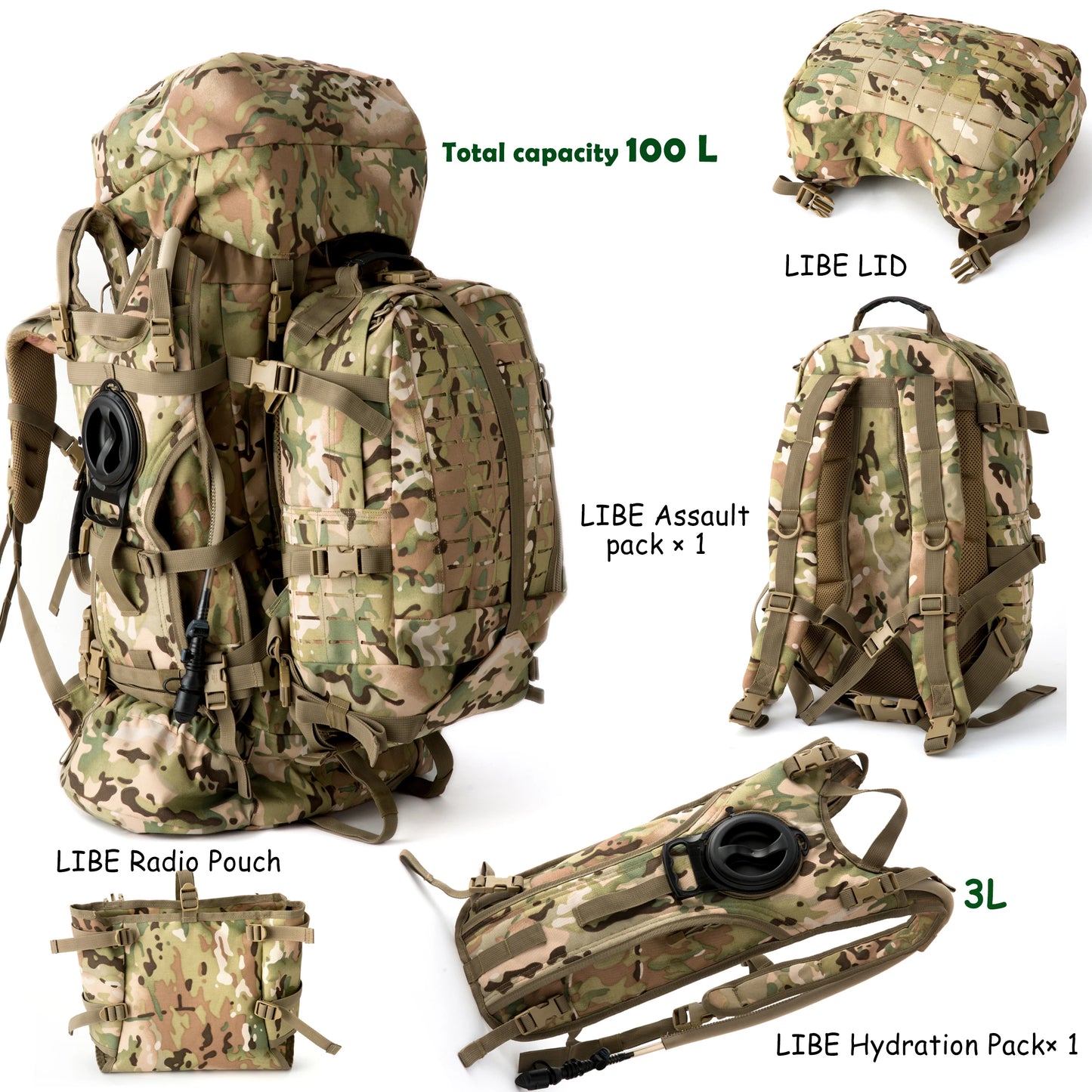 100L Large Waterproof Backpack With Hydration System